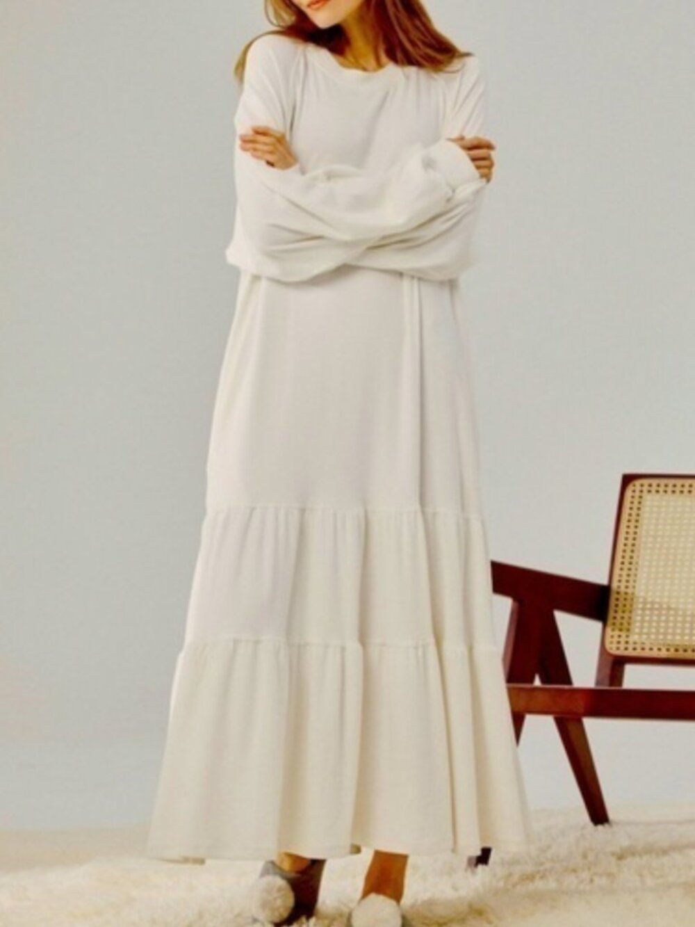 NAP Loungewear Cream Long Sleeve Cotton Tiered Sweatshirt Dress in Women's Large - Picture 12 of 14